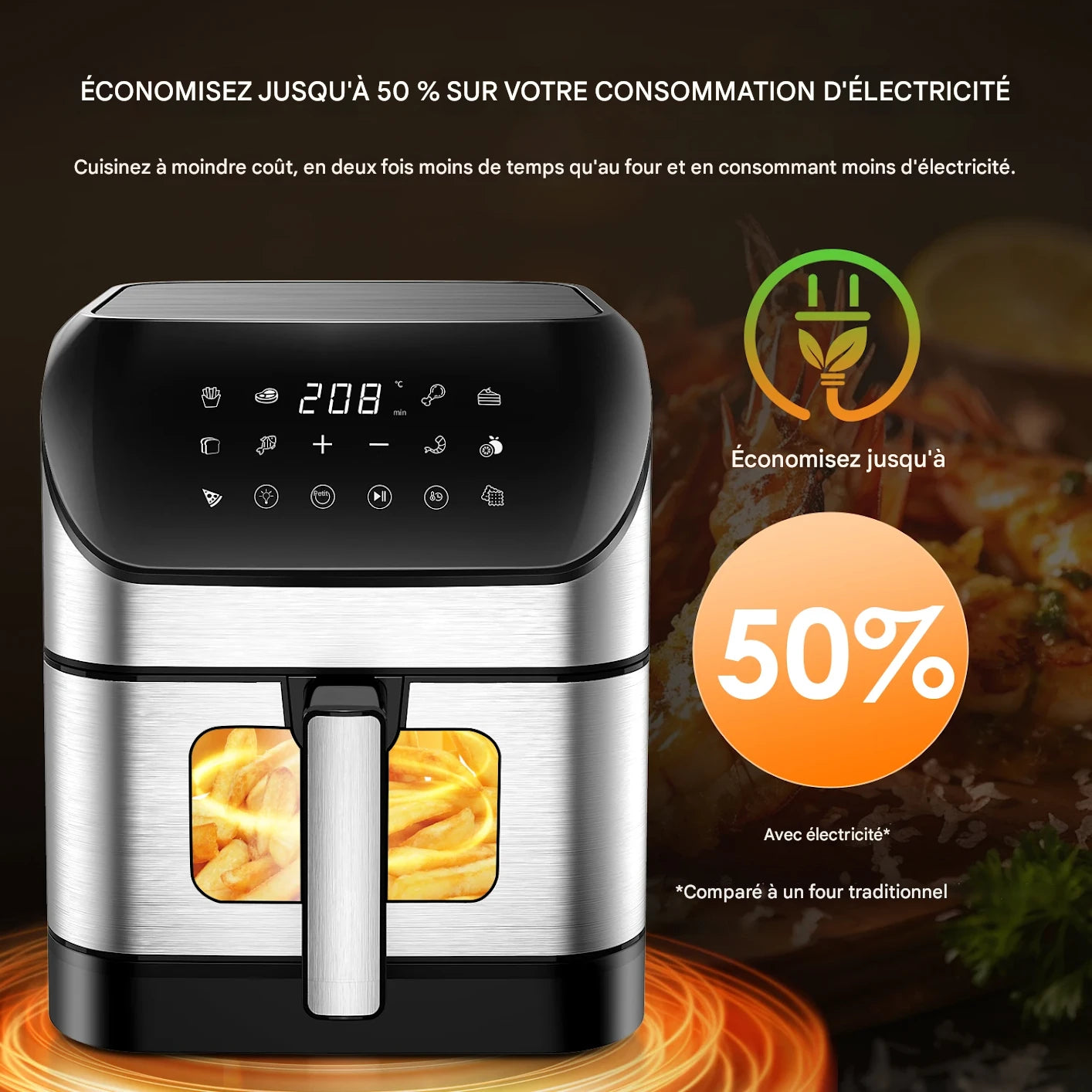 AirFryer 9L à Fenêtre Transparente – 10 Programmes, Sans Huile, Ultra Silencieux