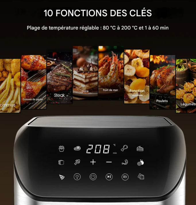 AirFryer 9L à Fenêtre Transparente – 10 Programmes, Sans Huile, Ultra Silencieux